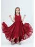 V Neck Burgundy Pleated Chiffon Junior Bridesmaid Dress